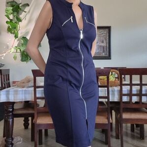 Venus Plunge V neck, front slit  Zipper up, Stretch Dress with chest zippers
